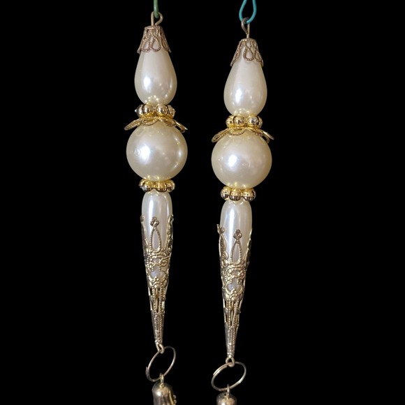 Set of 8 Gold White Pearls, Tassels, Crochet, Angel, Vintage Christmas Ornaments - Picture 6 of 9